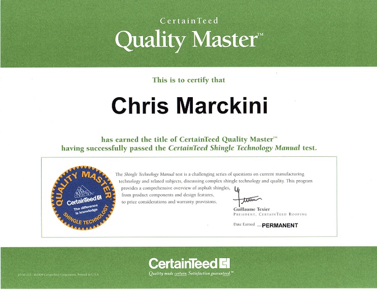 Certainteed Quality Master Certificate